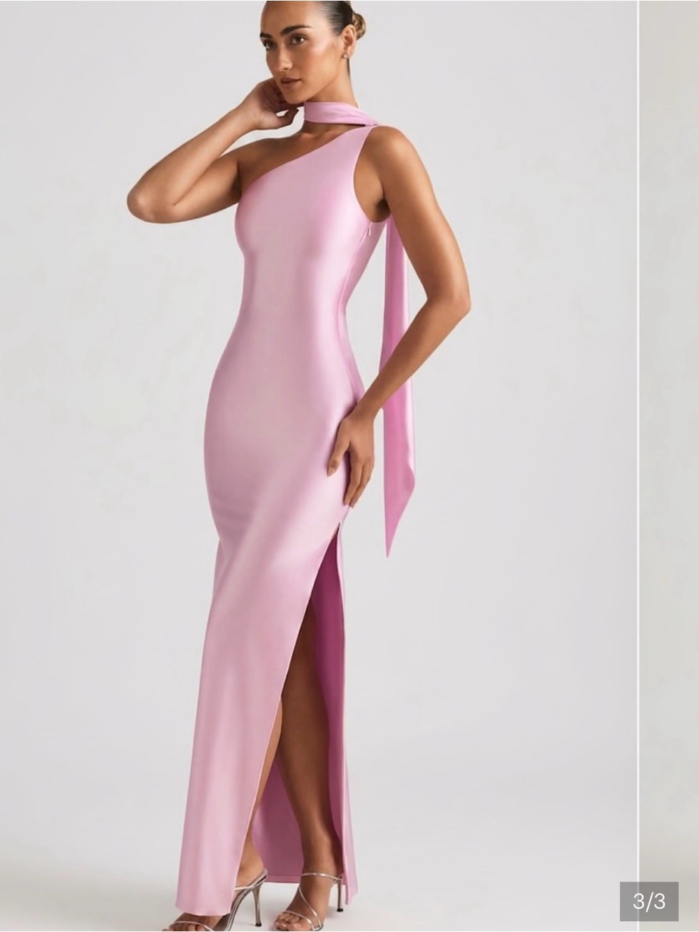 Oh Polly One-Shoulder Satin Pink Column Gown with Neck Sash
